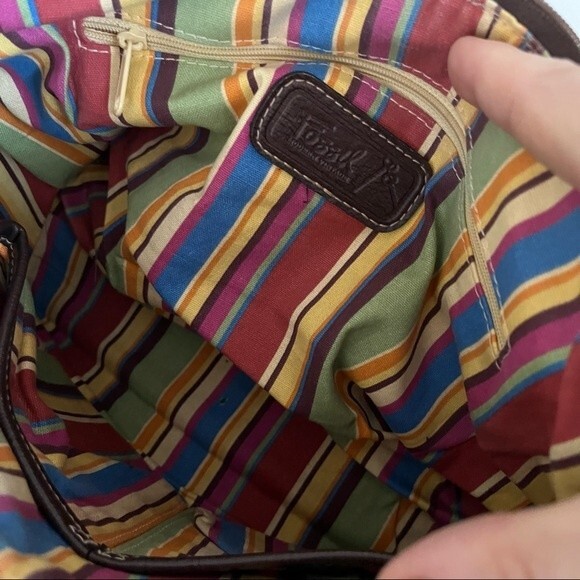 FOSSIL Straw Shoulder Bag Brown Vegan Leather Trim Striped Fabric Lining - Picture 3 of 11